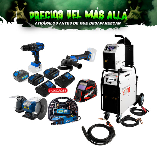 COMBO SOLDADOR + ANTORCHA + CARETA + ESMERILADORA + 2 CARGADORES + 3 BATERIAS + TALADRO PERCUTOR + ESMERIL + MOTO TOOL