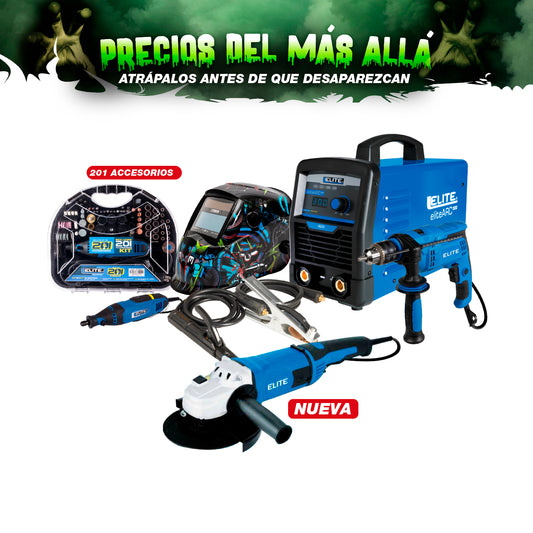 COMBO SOLDADOR INVERSOR + CARETA ELECTRONICA + TALADRO PERCUTOR 1/2PUL + ESMERILADORA ANGULAR DE 7 + MOTO TOOL 180W MANGO ENCUCHETADO
