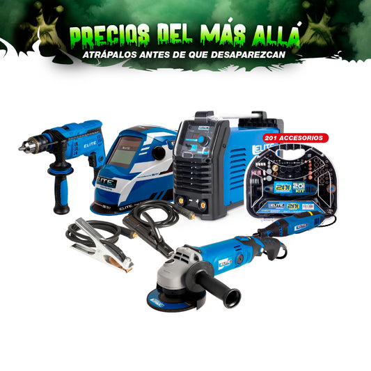 COMBO SOLDADOR ARC180S 110/220 + CARETA ELITE VARIOMATIC 530 + ESMERILADORA ANGULAR + TALADRO + MOTO TOOL 180W MANGO