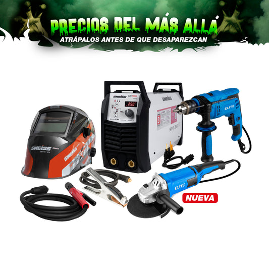 COMBO SOLDADOR INVERSOR + TALADRO PERCUTOR 1/2PUL + ESMERILADORA ANGULAR DE 9 + CARETA PARA SOLDAR