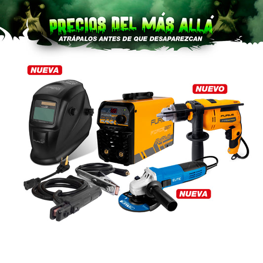COMBO SOLDADOR INVERSOR + CARETA FOTOSENSIBLE + TALADRO PERCUTOR 1/2INCH + ESMERILADORA ANGULAR 4 1/2