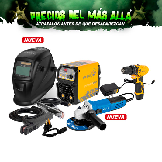 COMBO SOLDADOR INVERSOR + CARETA FOTOSENSIBLE + ESMERILADORA ANGULAR 4 1/2 + TALADRO INALAMBRICO 3/8PUL