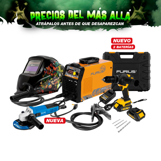 COMBO SOLDADOR INVERSOR + CARETA ELECTRONICA + TALADRO PERCUTOR INALAMBRICO + ESMERILADORA ANGULAR 4 1/2