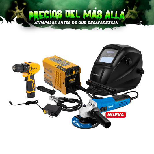 COMBO SOLDADOR INVERSOR + CARETA FOTOSENSIBLE + ESMERILADORA ANGULAR 4 1/2 + TALADRO INALAMBRICO 3/8PUL