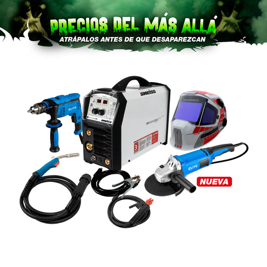 COMBO SOLDADOR INVERSOR SKYWORKS 2060 + CARETA ELECTRONICA SOLDADURA + ESMERILADORA ANGULAR DE 9 + TALADRO PERCUTOR 1/2PUL