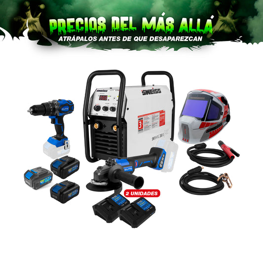 COMBO SOLDADOR INVERSOR + CARETA ELECTRONICA SOLDADURA + ESMERILADORA INALAMBRICA + 2 CARGADOR DE BATERIA 40V  + TALADRO PERCUTOR + 3 BATERIA ION DE LITHIO 40V, 2AH.
