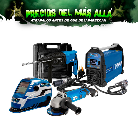 COMBO SOLDADOR INVERSOR + CARETA ELITE VARIOMATIC 530 + ESMERILADORA ANGULAR 4-1/2INCH + ROTOMARTILLO SDS PLUS 900W