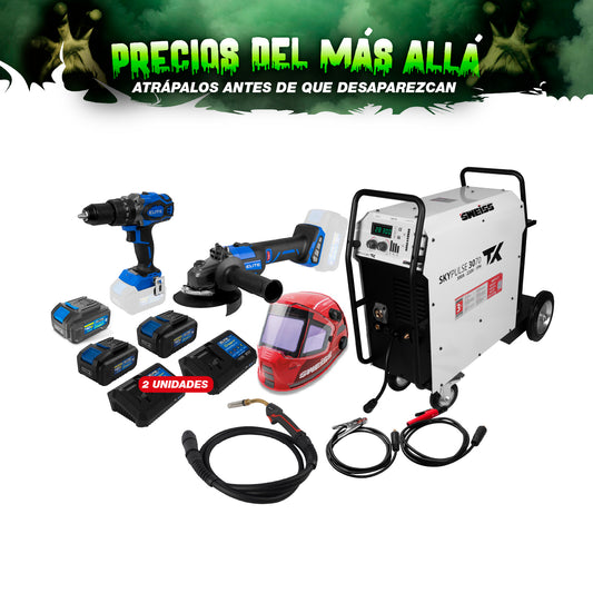COMBO SOLDADOR INVERSOR + ANTORCHA + CARETA ELECTRONICA + ESMERILADORA INALAMBRICA + 2 CARGADOR DE BATERIA 40V + 3 BATERIA ION DE LITHIO 40V + TALADRO PERCUTOR
