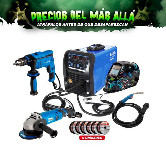 COMBO SOLDADOR INVERSOR + CARETA ELECTRONICA + ROLLO SOLDADURA MIG ALAMBRE + TALADRO PERCUTOR 1/2PUL + ESMERILADORA ANGULAR 4-1/2INCH