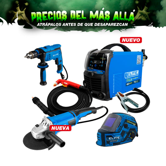 COMBO CORTADOR DE PLASMA ELITECUT + ANTORCHA DE PLASMA + CARETA ELECTRONICA SOLDADURA + TALADRO PERCUTOR 1/2PUL + ESMERILADORA ANGULAR DE 9