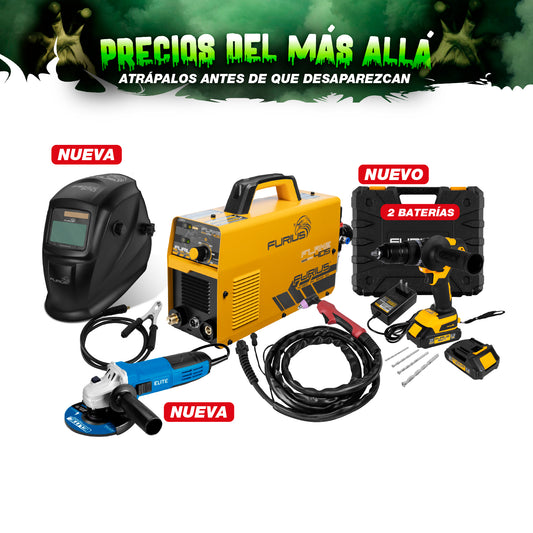 COMBO CORTADOR DE PLASMA INVERSOR + CARETA FOTOSENSIBLE + TALADRO PERCUTOR INALAMBRICO + ESMERILADORA ANGULAR 4 1/2