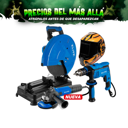 COMBO TRONZADORA ELECTRICA 14PUL + ESMERILADORA ANGULAR 4 1/2 BRUSHLESS + TALADRO PERCUTOR 1/2PUL + CARETA FOTOSENSIBLE