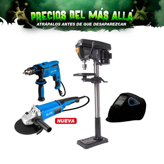 COMBO ESMERILADORA ANGULAR DE 9 + TALADRO DE ARBOL 750W H1600MM + TALADRO PERCUTOR 1/2PUL +  CARETA SOLDADURA ELECTRONICA