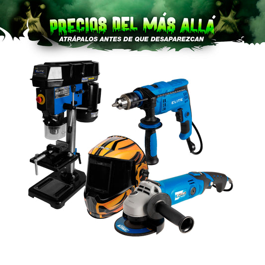 COMBO TALADRO DE BANCO 500W H:580mm + ESMERILADORA ANGULAR 4-1/2INCH + TALADRO PERCUTOR 1/2PUL + CARETA FOTOSENSIBLE