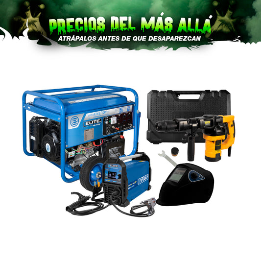 COMBO GENERADOR PORTATIL GASOLINA 6.5KW + SOLDADOR INVERSOR + MARTILLO DEMOLEDOR SDS MAX 1300W + CARETA SOLDADURA ELECTRONICA