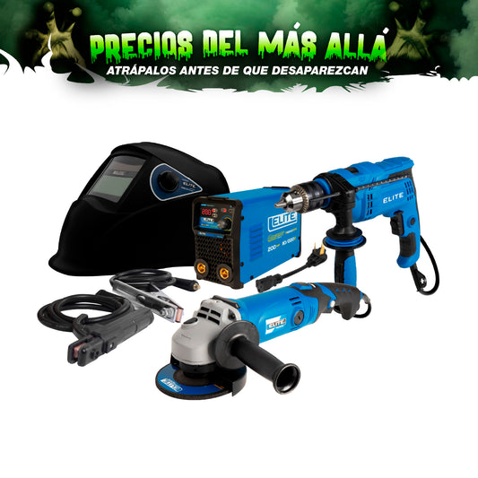 COMBO SOLDADOR INVERSOR + CARETA SOLDADURA ELECTRONICA + ESMERILADORA ANGULAR 4-1/2INCH + TALADRO PERCUTOR 1/2PUL, 850W