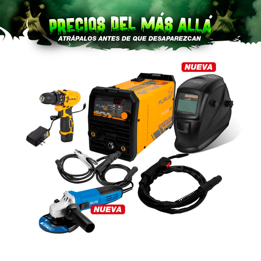 COMBO SOLDADOR INVERSOR MULTIPROPOSITO + CARETA FOTOSENSIBLE + TALADRO INALAMBRICO 3/8PUL + ESMERILADORA ANGULAR 4 1/2