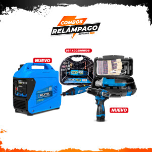 COMBO GENERADOR INVERTER A GASOLINA + MOTO TOOL 180W MANGO ENCUCHETADO + KIT ESMERILADORA ANGULAR 4 1/2 + TALADRO DE IMPACTO 16V