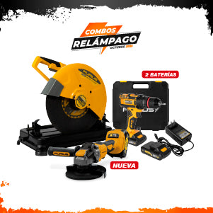 COMBO TRONZADORA 2500w 4.000 RPM + TALADRO PERCUTOR INALAMBRICO 21V + ESMERILADORA ANGULAR 4-1/2INCH