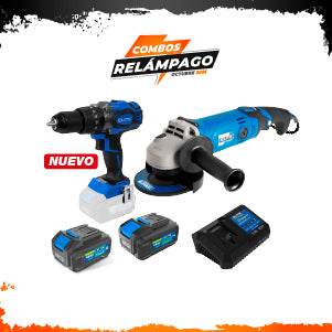 COMBO TALADRO PERCUTOR INALAMBRICO + 2 BATERIAS + CARGADOR + ESMERILADORA ANGULAR