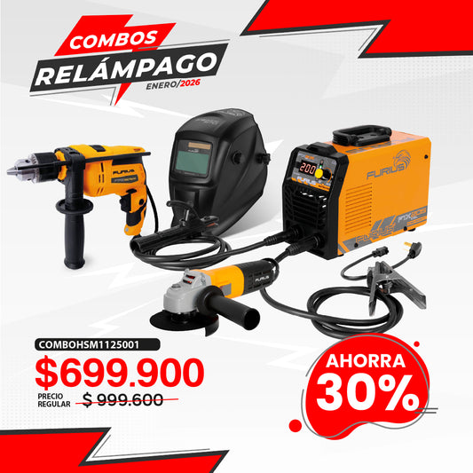 COMBO SOLDADOR INVERSOR + CARETA FOTOSENSIBLE + TALADRO PERCUTOR 1/2INCH + ESMERILADORA ANGULAR 4 1/2 PULG