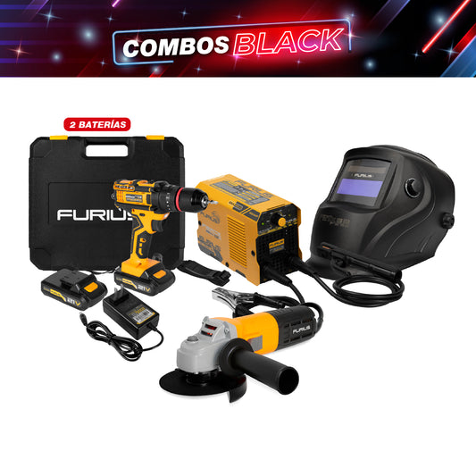 COMBO SOLDADOR INVERSOR + CARETA FOTOSENSIBLE + ESMERILADORA ANGULAR 4 1/2 PULG + TALADRO PERCUTOR INALAMBRICO 21V 1/2