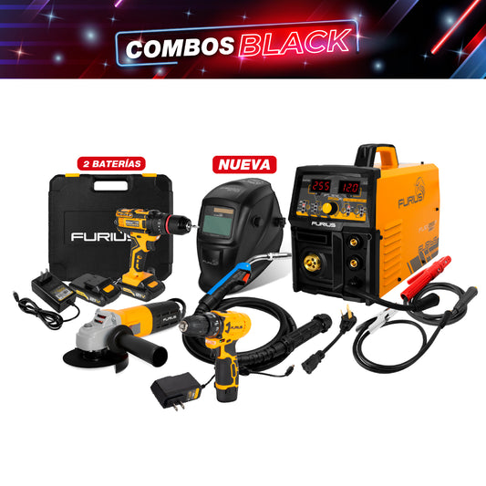 COMBO SOLDADOR INVERSOR MULTIPROCESOS + CARETA FOTOSENSIBLE + TALADRO INALAMBRICO 3/8PUL + ESMERILADORA ANGULAR 4 + TALADRO PERCUTOR INALAMBRICO