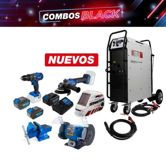 COMBO SOLDADOR INVERSOR + ANTORCHA + CARETA ELECTRONICA + ESMERILADORA + CARGADOR DE BATERIA + 3 BATERIA ION + TALADRO PERCUTOR + PRENSA DE BANCO + ESMERIL DE BANCO
