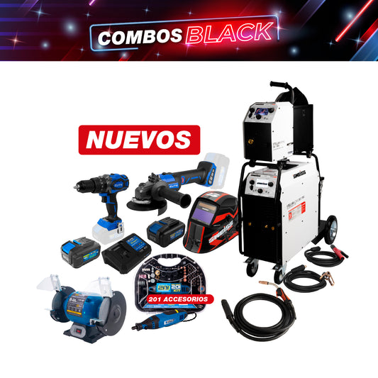 COMBO SOLDADOR INVERSOR + ANTORCHA + CARETA ELECTRONICA + ESMERILADORA INALAMBRICA + CARGADOR DE BATERIA + 2 BATERIA ION + TALADRO PERCUTOR + ESMERIL DE BANCO + MOTO TOOL 180W