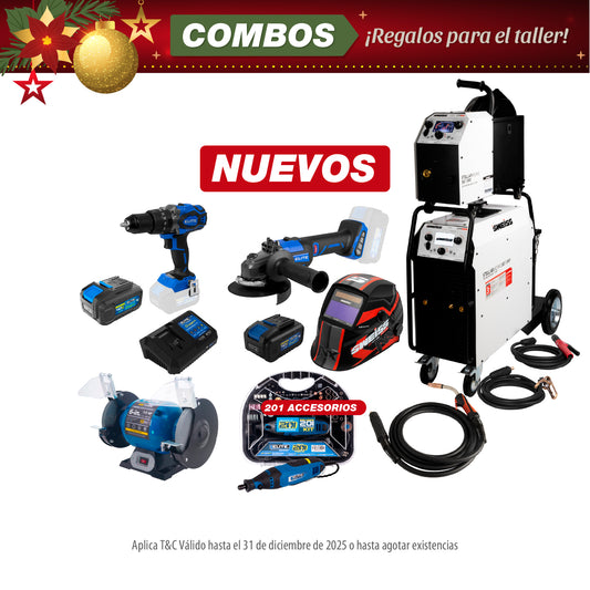 COMBO SOLDADOR + ANTORCHA + CARETA + ESMERILADORA + CARGADOR DE BATERIA + 2 BATERIA ION + TALADRO PERCUTOR + ESMERIL DE BANCO + MOTO TOOL 180W