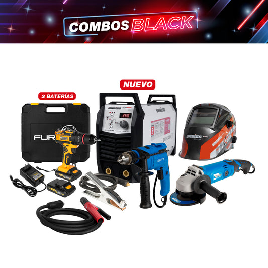 COMBO SOLDADOR INVERSOR + TALADRO PERCUTOR 1/2PUL + ESMERILADORA ANGULAR 4-1/2INCH + CARETA PARA SOLDAR + TALADRO PERCUTOR INALAMBRICO 21