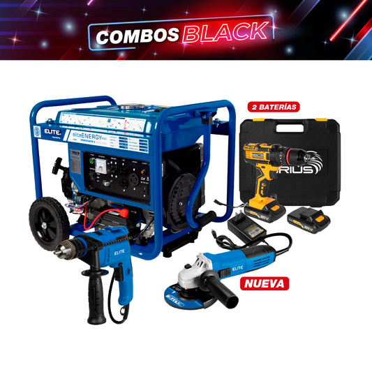 COMBO GENERADOR PORTATIL + ESMERILADORA ANGULAR 4 1/2 + TALADRO PERCUTOR INALAMBRICO 21V 1/2 + TALADRO PERCUTOR 1/2PUL