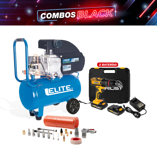 COMBO COMPRESOR DE AIRE + KIT DE ACCESORIOS 20 PCS + TALADRO PERCUTOR INALAMBRICO 21V 1/2