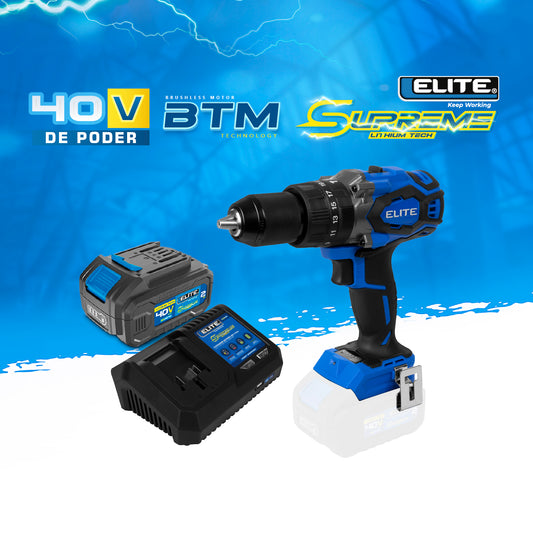 COMBO TALADRO PERCUTOR INALAMBRICO SIN ESCOBILLAS 1/2PUL + BATERIA ION DE LITHIO 40V + CARGADOR DE BATERIA 40V