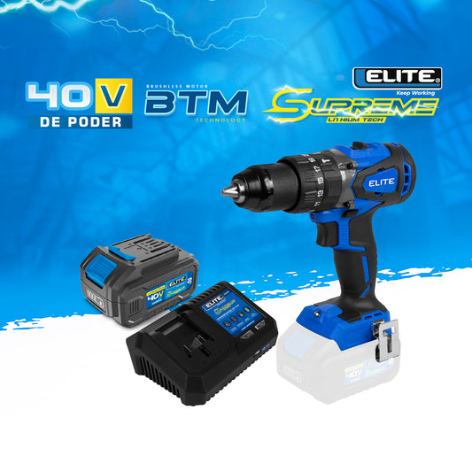 COMBO TALADRO PERCUTOR INALAMBRICO SIN ESCOBILLAS 1/2PUL + BATERIA ION DE LITHIO 40V + CARGADOR DE BATERIA 40V