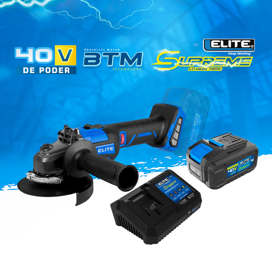 COMBO ESMERILADORA INALAMBRICA SIN ESCOBILLAS 5PUL + BATERIA ION DE LITHIO 40V + CARGADOR DE BATERIA 40V