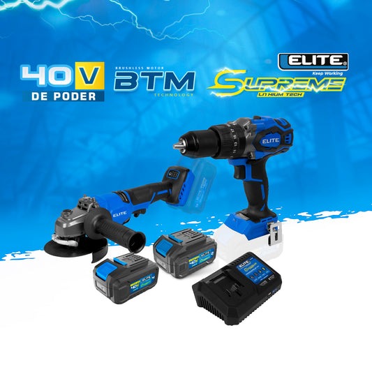 COMBO TALADRO PERCUTOR INALAMBRICO SIN ESCOBILLAS 1/2PUL + 2 BATERIAS ION + CARGADOR DE BATERIA 40V