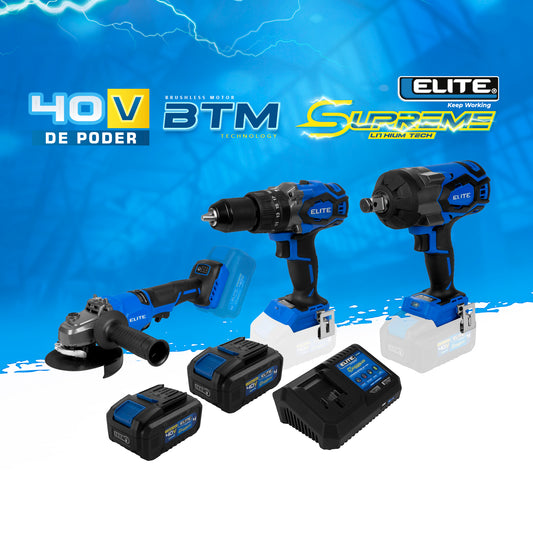 COMBO TALADRO PERCUTOR INALAMBRICO  + ESMERILADORA INALAMBRICA + LLAVE DE IMPACTO INALAMBRICA + BATERIA ION DE LITHIO 40V + CARGADOR DE BATERIA 40V