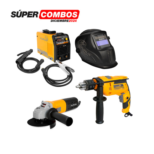 Combo Soldador Inversor 200A + Careta + Esmeriladora + Taladro