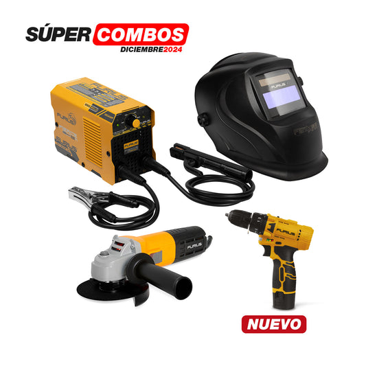 Combo Soldador Inversor 130A + Careta + Taladro + Esmeriladora