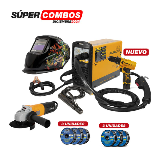 Combo Soldador Multiproceso 125A + Careta + Taladro + Esmeriladora + Rollos