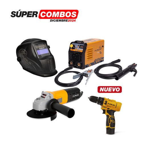 Combo Soldador Inversor 140A + Careta + Taladro + Esmeriladora