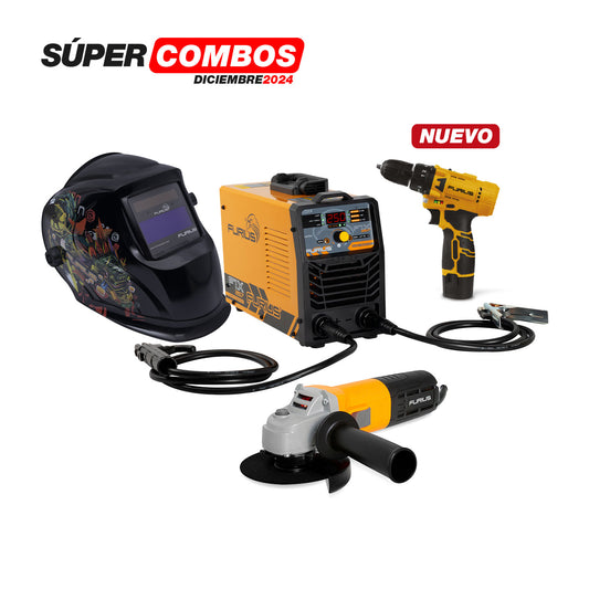 Combo Soldador Inversor 250A + Careta + Taladro + Esmeriladora