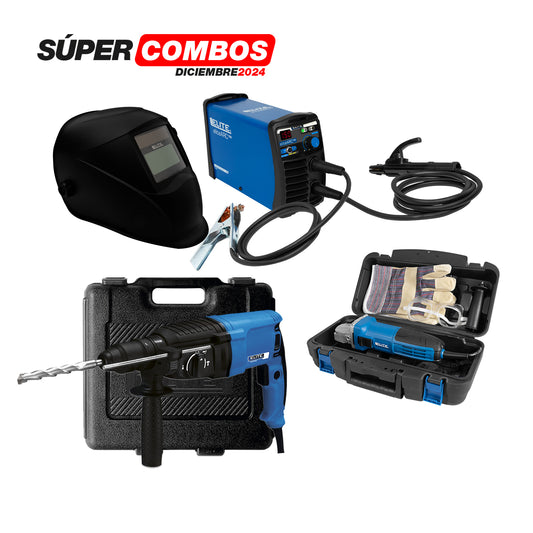 Combo Soldador Inversor 150A + Careta + Kit Esmeriladora + Rotomartillo