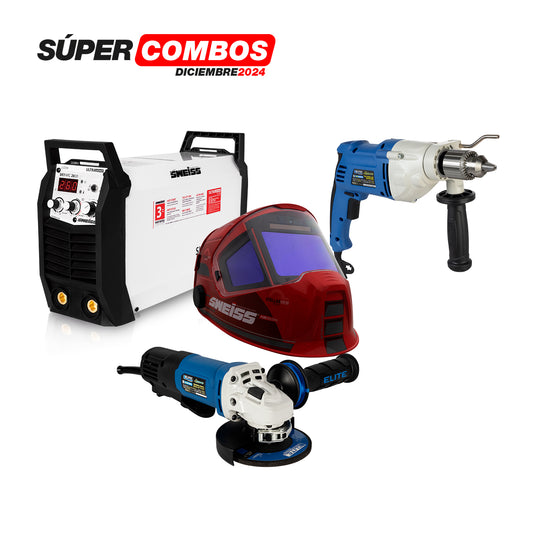 Combo Soldador Inversor 260A Sweiss + Taladro + Esmeriladora + Careta