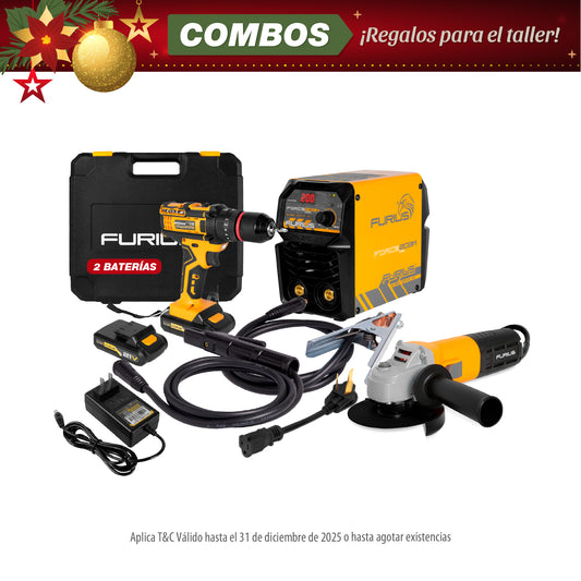COMBO SOLDADOR INVERSOR  + ESMERILADORA ANGULAR 4 1/2 + TALADRO PERCUTOR INALAMBRICO 21V