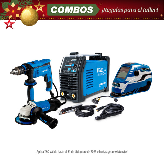 COMBO SOLDADOR ARC 220S 110/220V + CARETA ELITE VARIOMATIC 530 + ESMERILADORA ANGULAR 4-1/2PUL 1400W + TALADRO PERCUTOR 1/2PUL, 850W