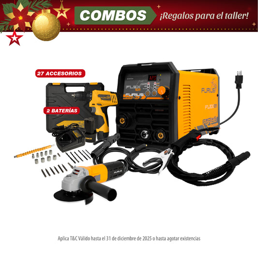 COMBO SOLDADOR INVERSOR MULTIPROPOSITO + TALADRO ATORNILLADOR INALAMBRICO 12V + ESMERILADORA ANGULAR 4 1/2 PULG