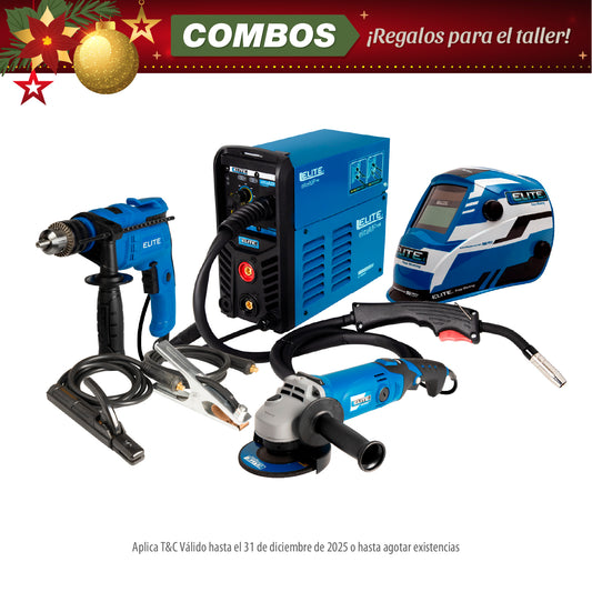 COMBO SOLDADOR INVERSOR + CARETA ELITE VARIOMATIC 530 + ESMERILADORA ANGULAR 4-1/2INCH + TALADRO PERCUTOR 1/2PUL