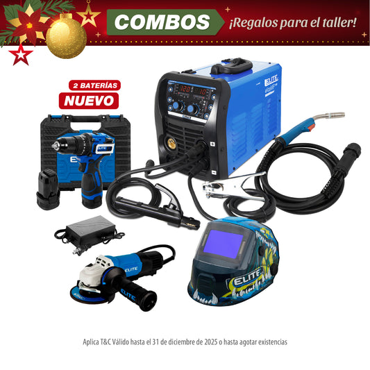 COMBO SOLDADOR INVERSOR + CARETA ELECTRONICA SOLDADURA + TALADRO DE IMPACTO 16V + ESMERILADORA ANGULAR 4-1/2PUL 1400W
